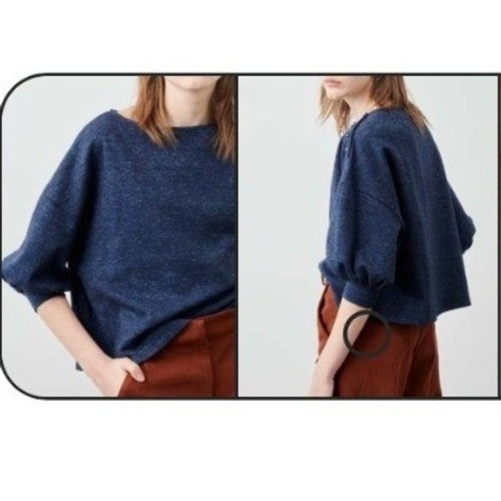 Sessun Kuti Oversized Jacquard Knit Sweater Women S Blue Button Shoulder